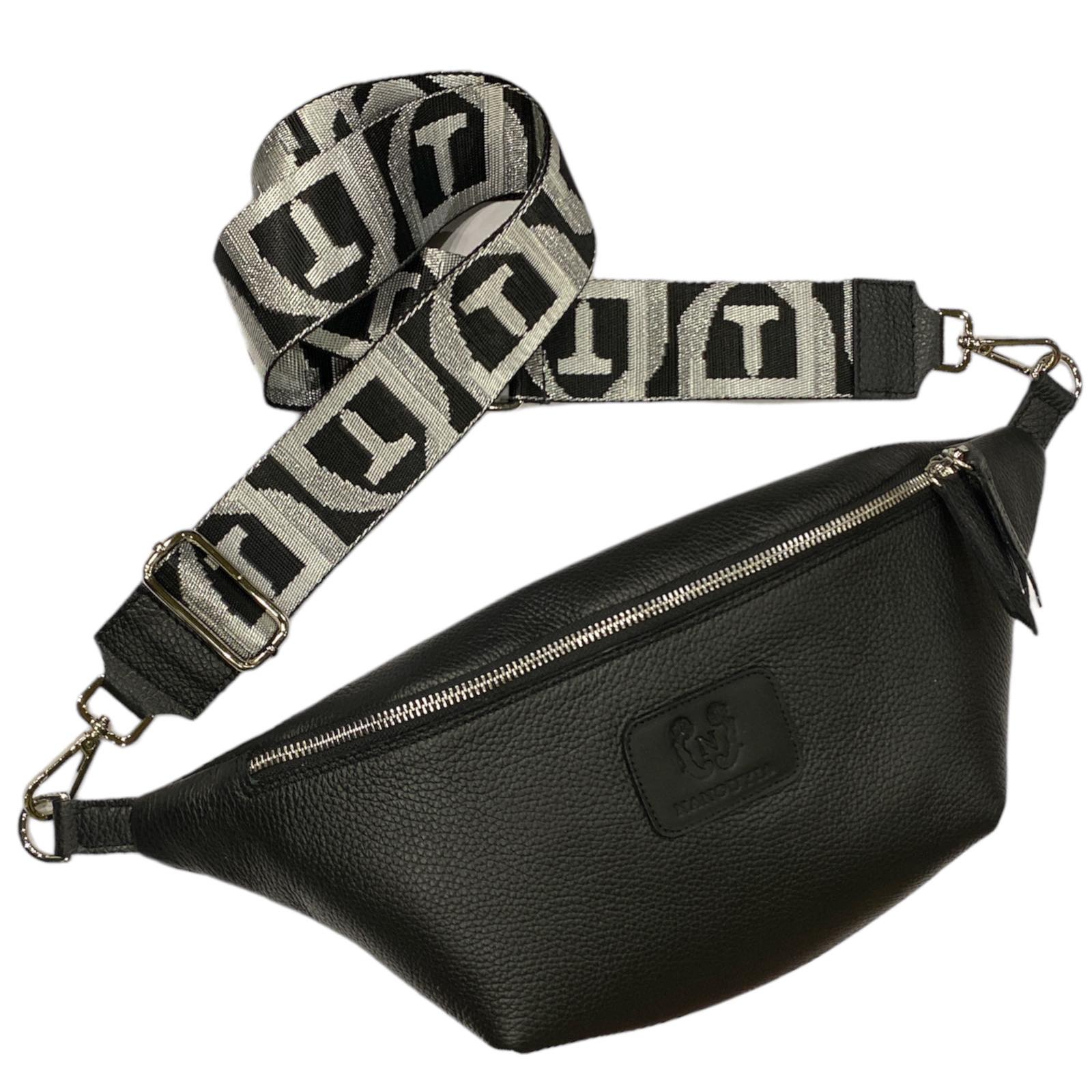 XL. BLACK MINIMAL LEATHER STATEMENT BELT BAG