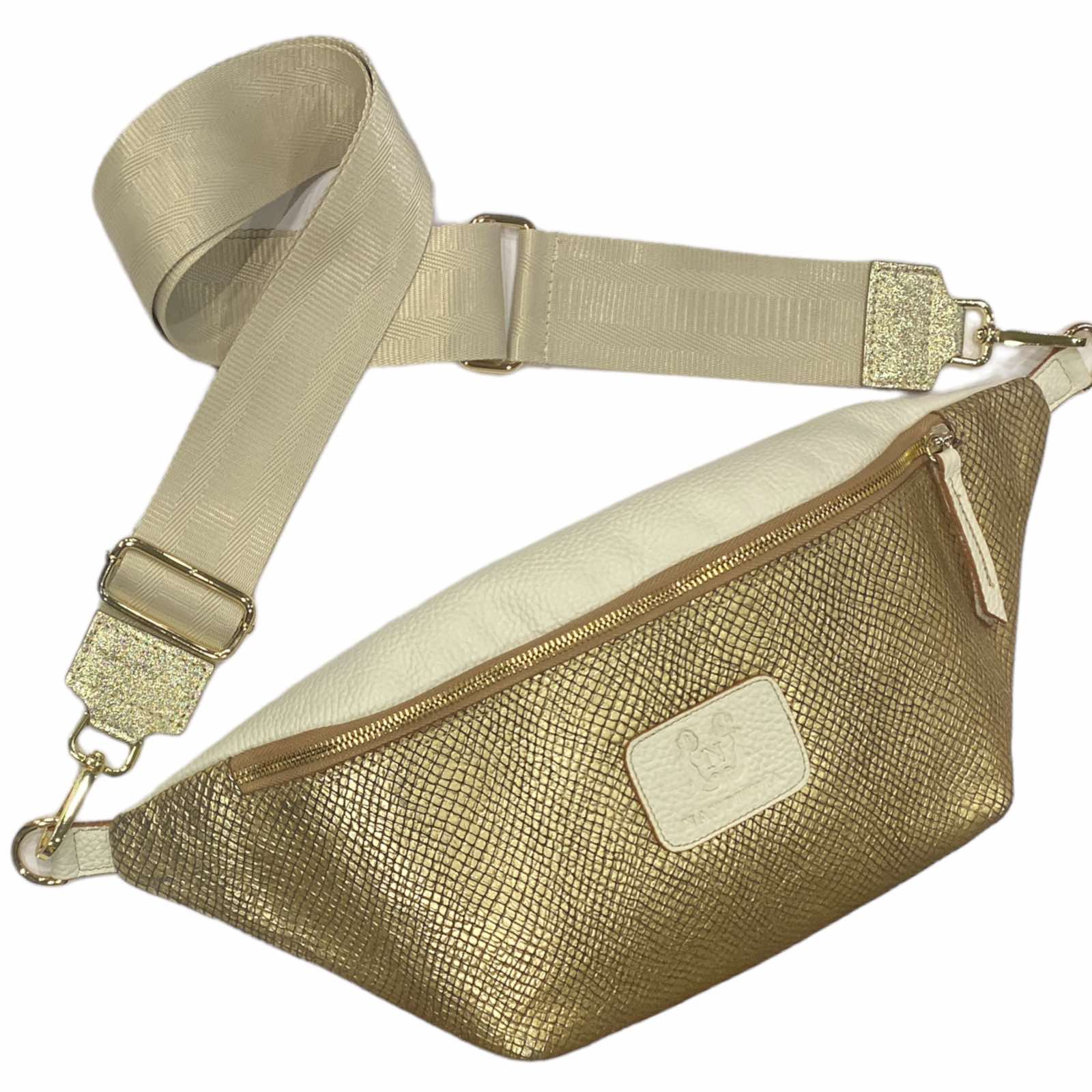 XL GOLD AND VANILLA LEATHER STATMENT BELT BAG