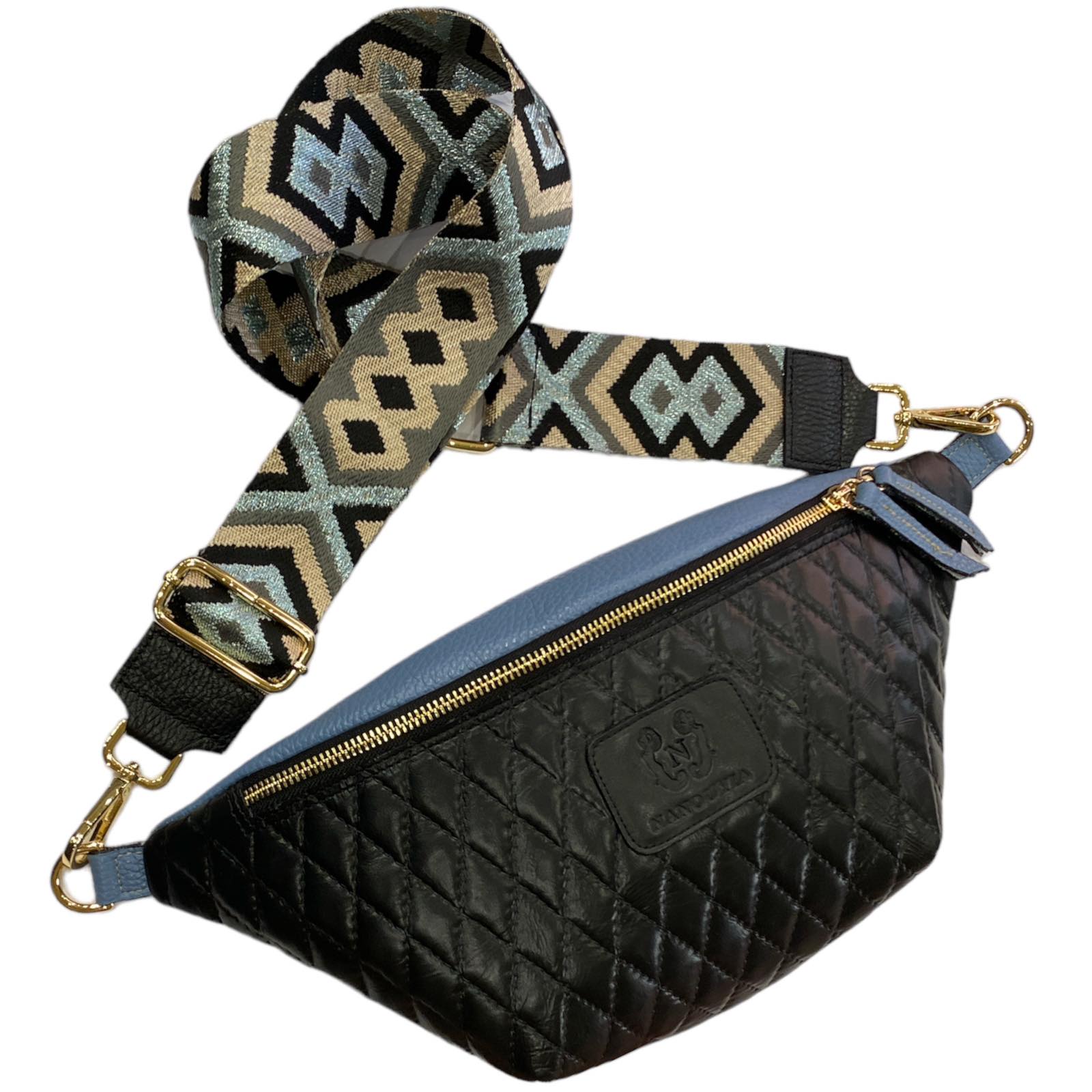 REGURAL. BLACK QUILTED WITH RAF LEATHER BELT BAG