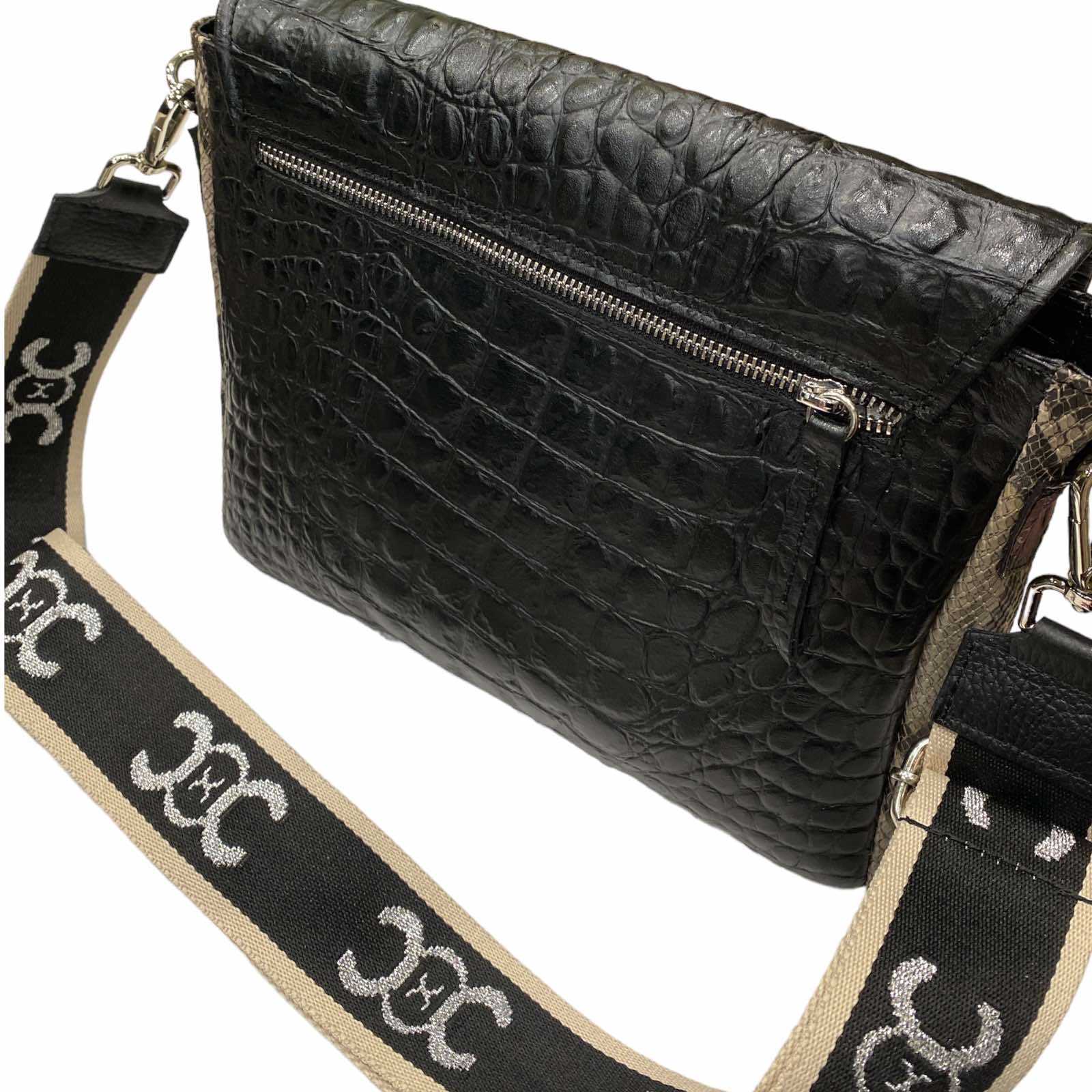 MANDY. BLACK LEATHER WITH SNAKE - PRINT SIDES STATEMENT BAG