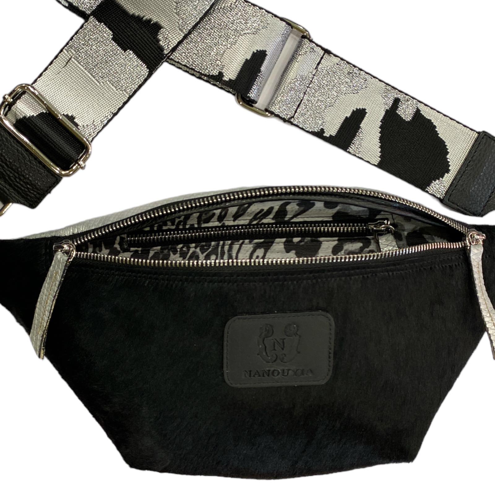 REGURAL. BLACK "PONY" LEATHER WITH SILVER DETAILS BELT BAG