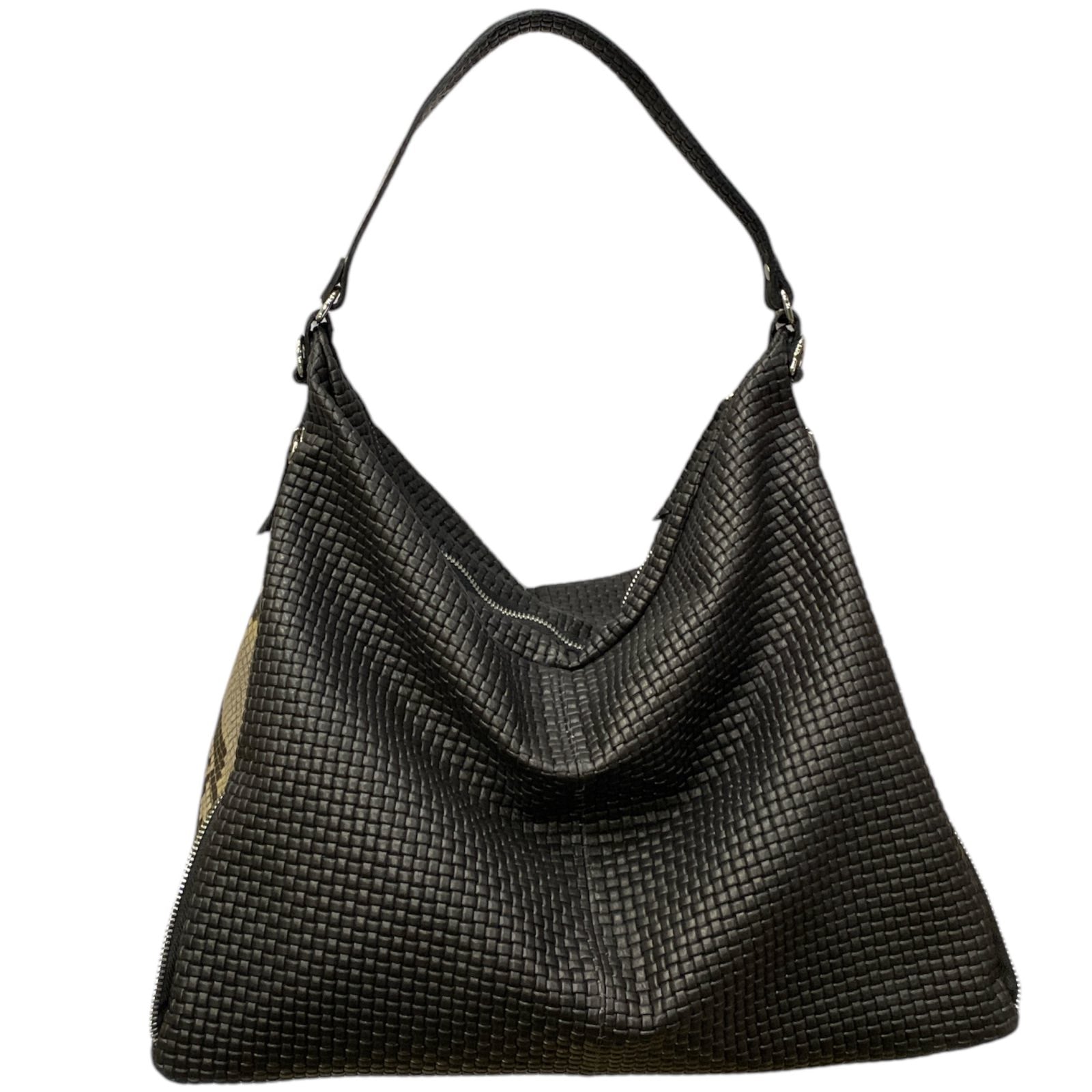 VENUSA. BLACK LEATHER BAG WITH SNAKE-PRINT SIDES