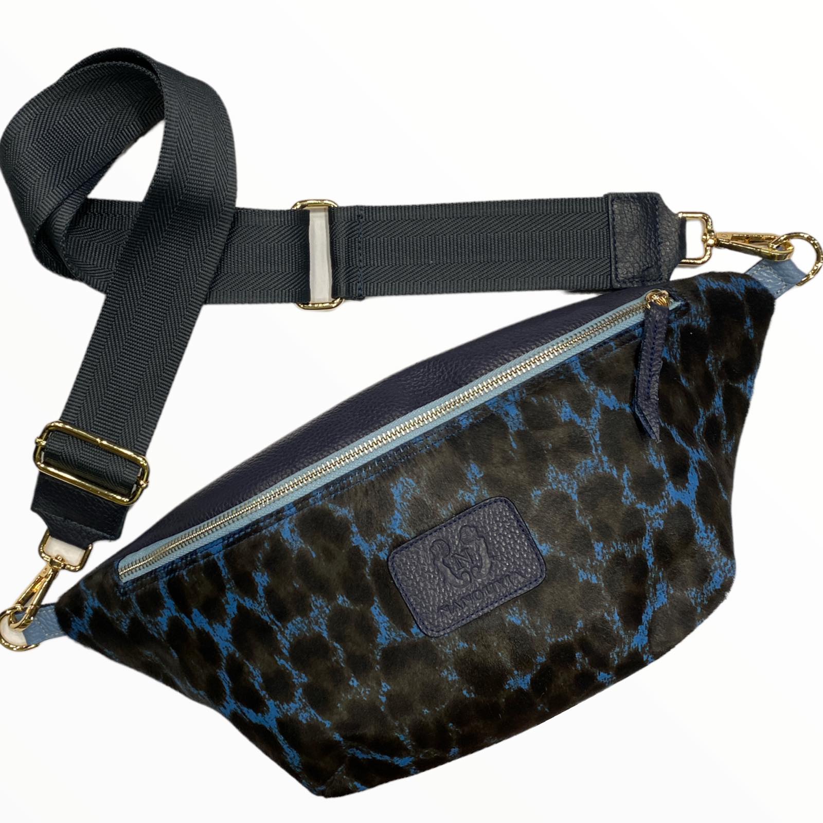XL blue leo-print calf-hair leather belt bag
