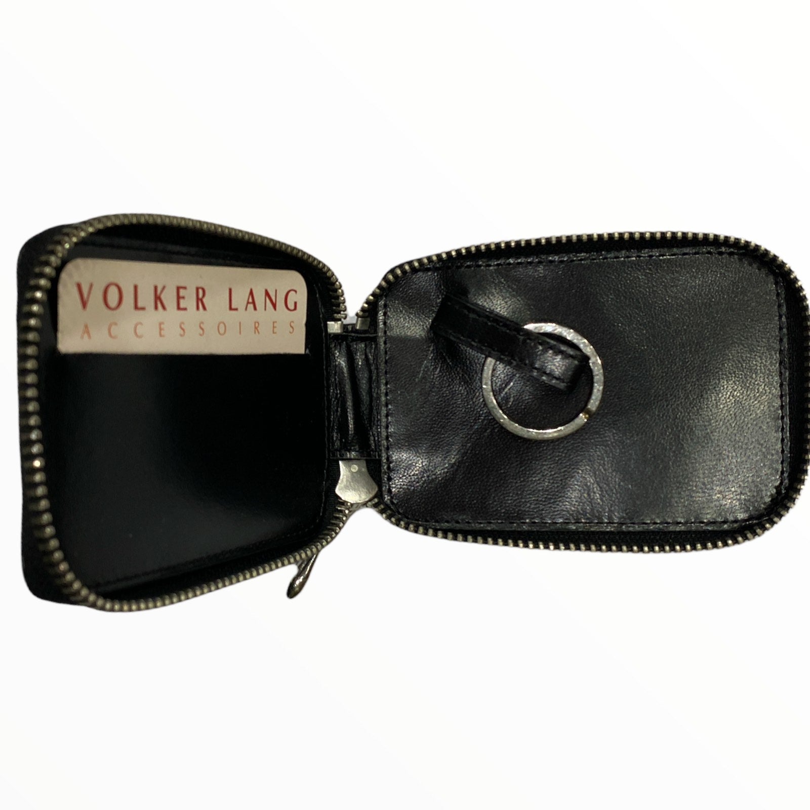 Leather zip around keychain in black croc-print