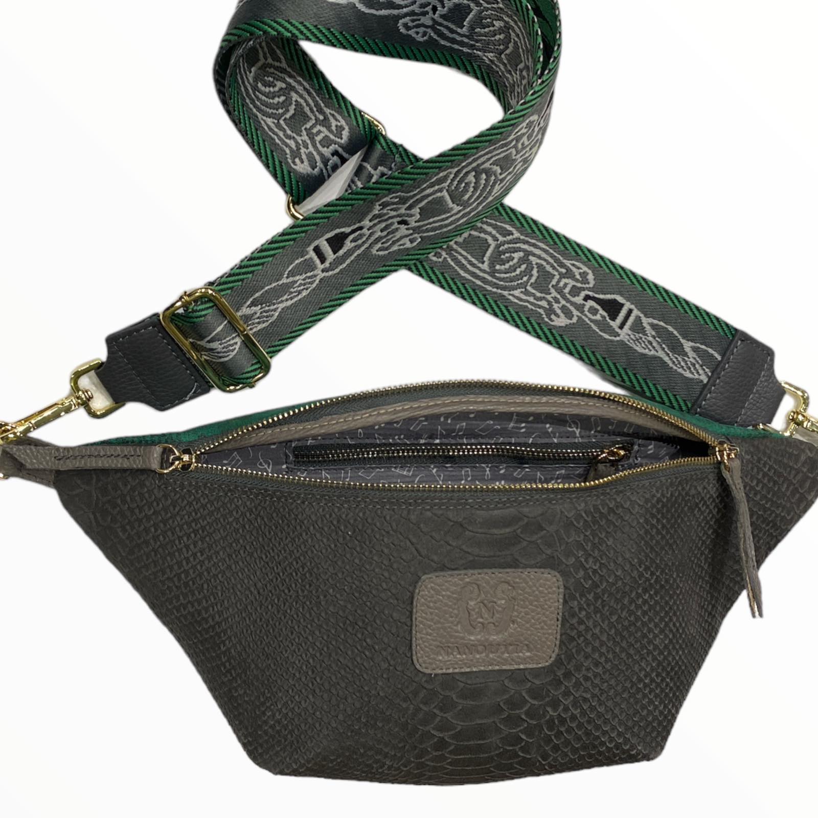 Grey anaconda-print leather belt bag