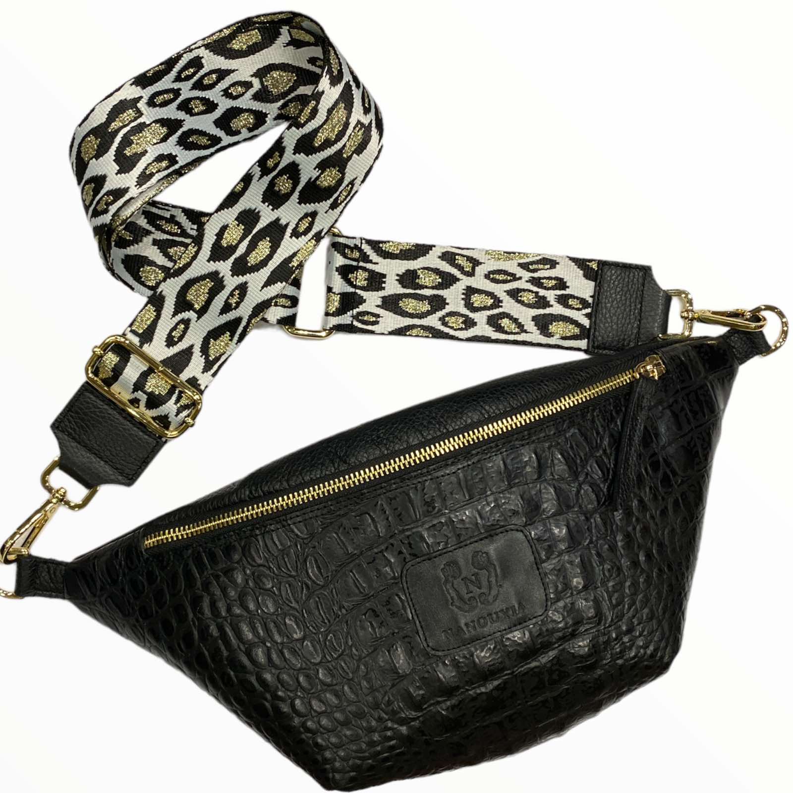 REGURAL. BLACK 3D LEATHER BELT BAG WITH LEO-PRINT STRAP