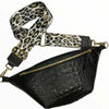 REGURAL. BLACK 3D LEATHER BELT BAG WITH LEO-PRINT STRAP