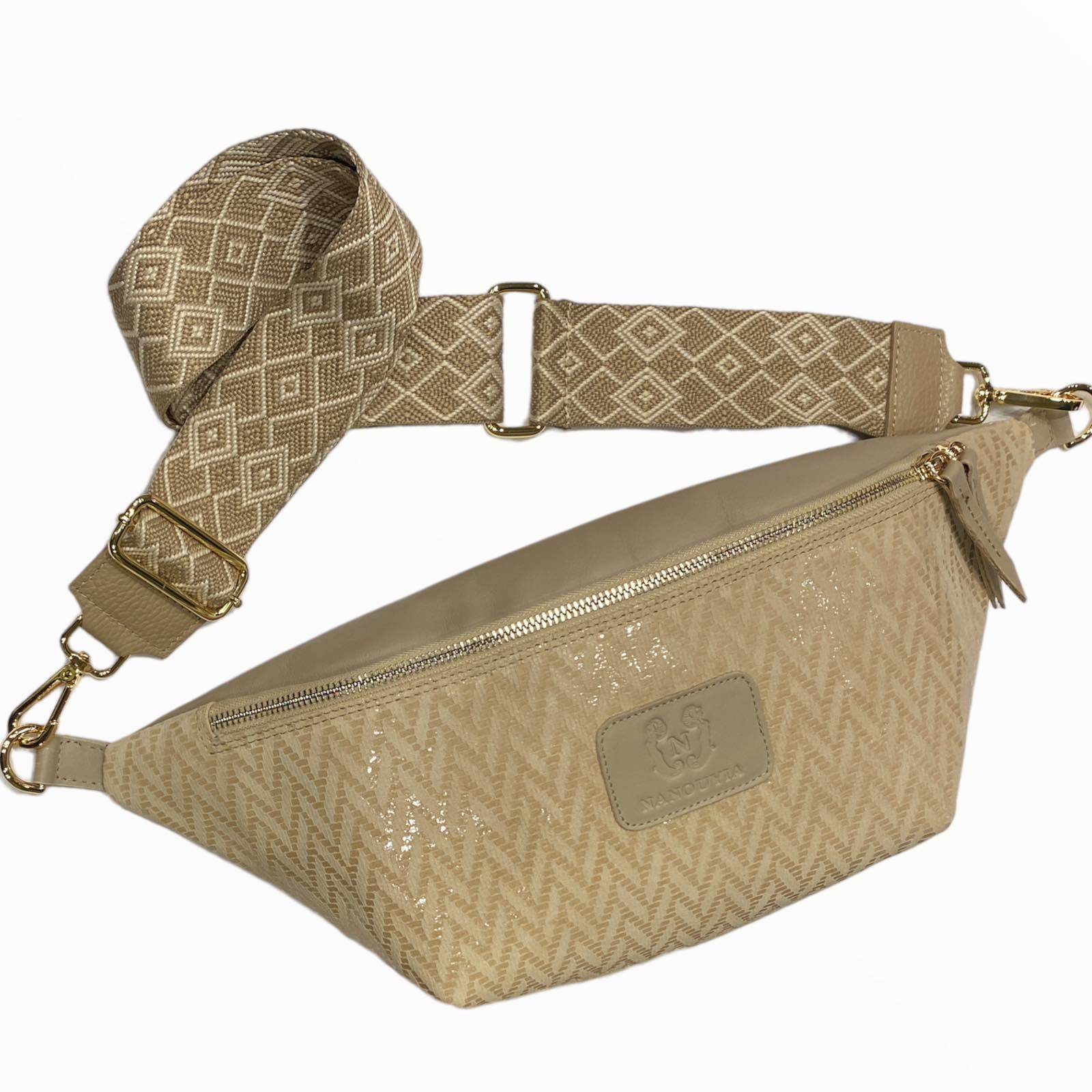 XL beige geometric leather belt bag