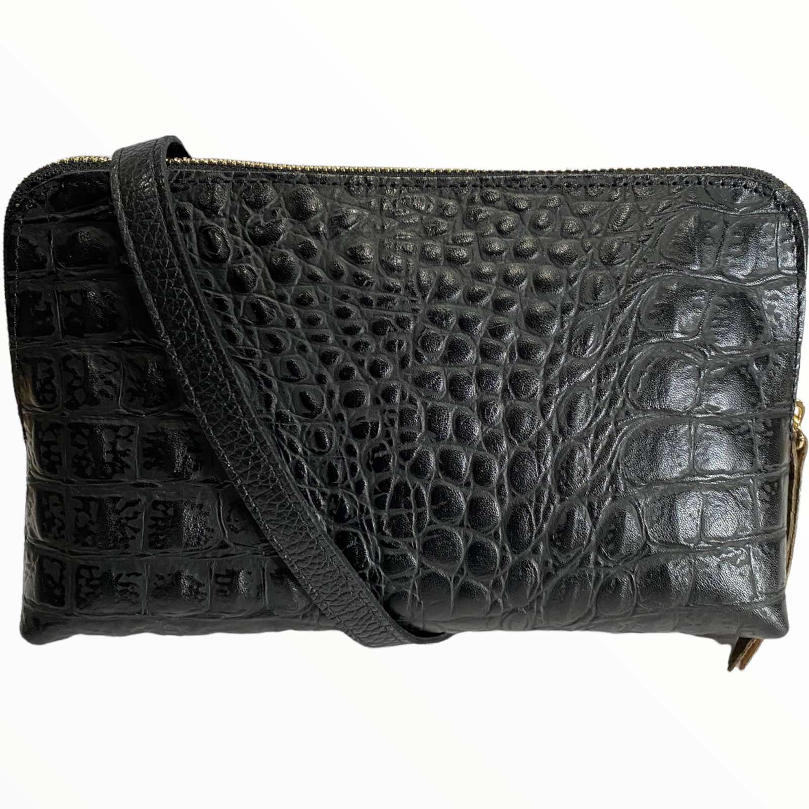 Box XL. Black alligator-print leather messenger bag