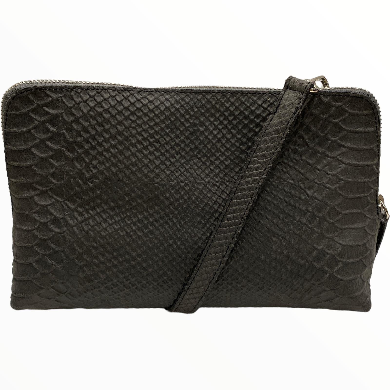 Box XL. Dark grey alligator-print leather messenger bag