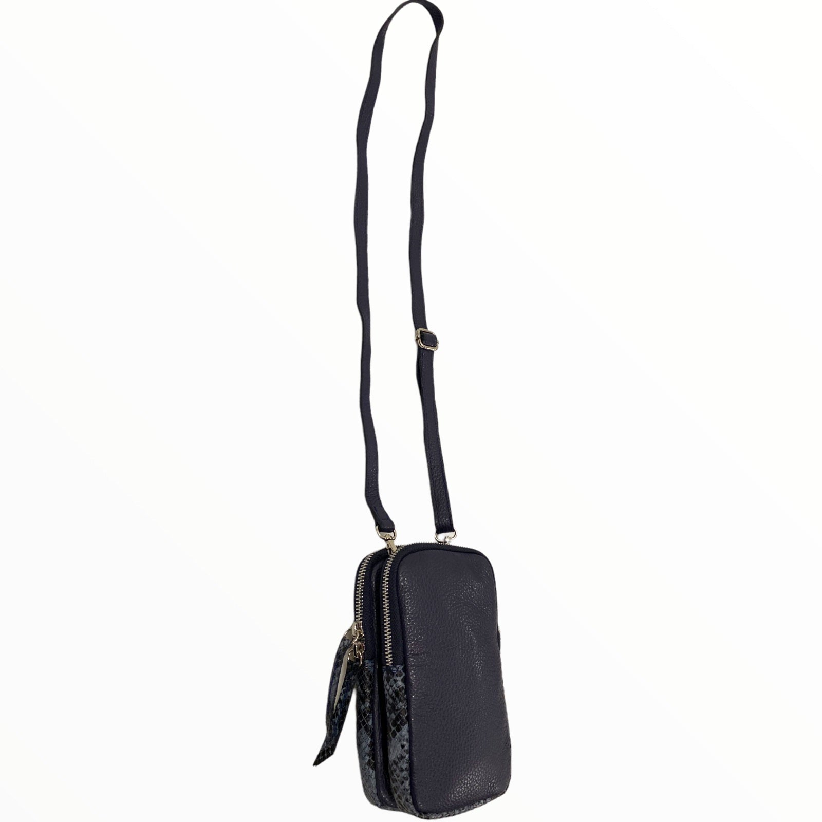Dark blue leather double mobile case with snake-print details