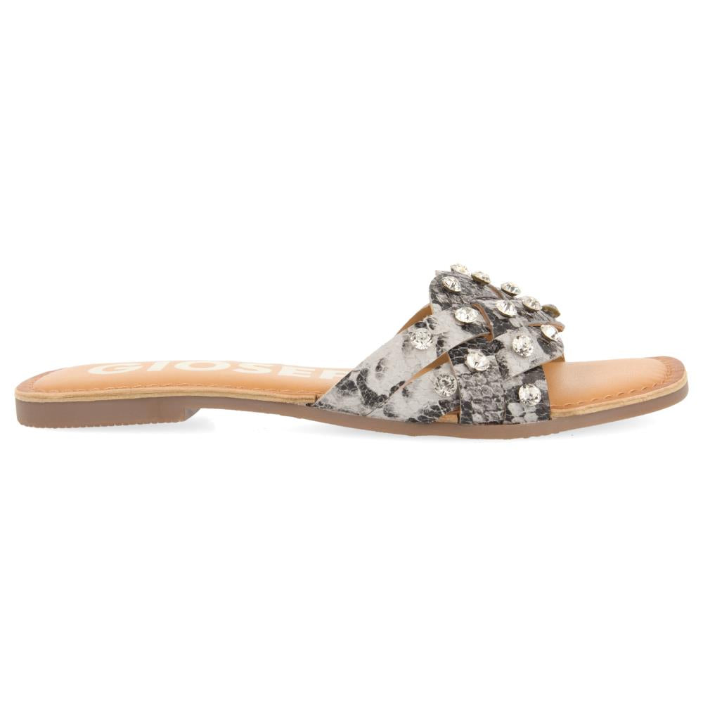 Black and white snake-print crystal sandals