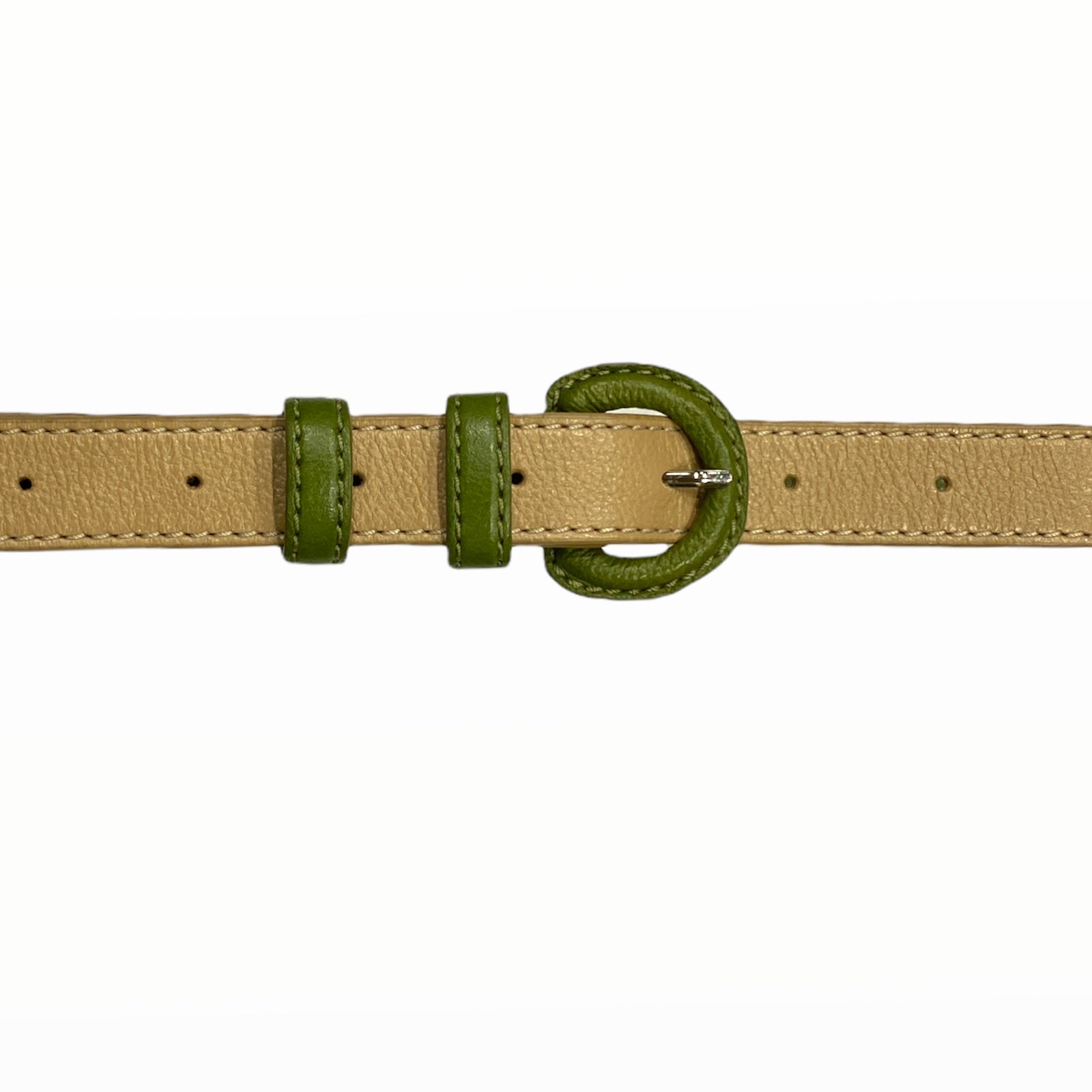 Beige leather thin belt with olive green details