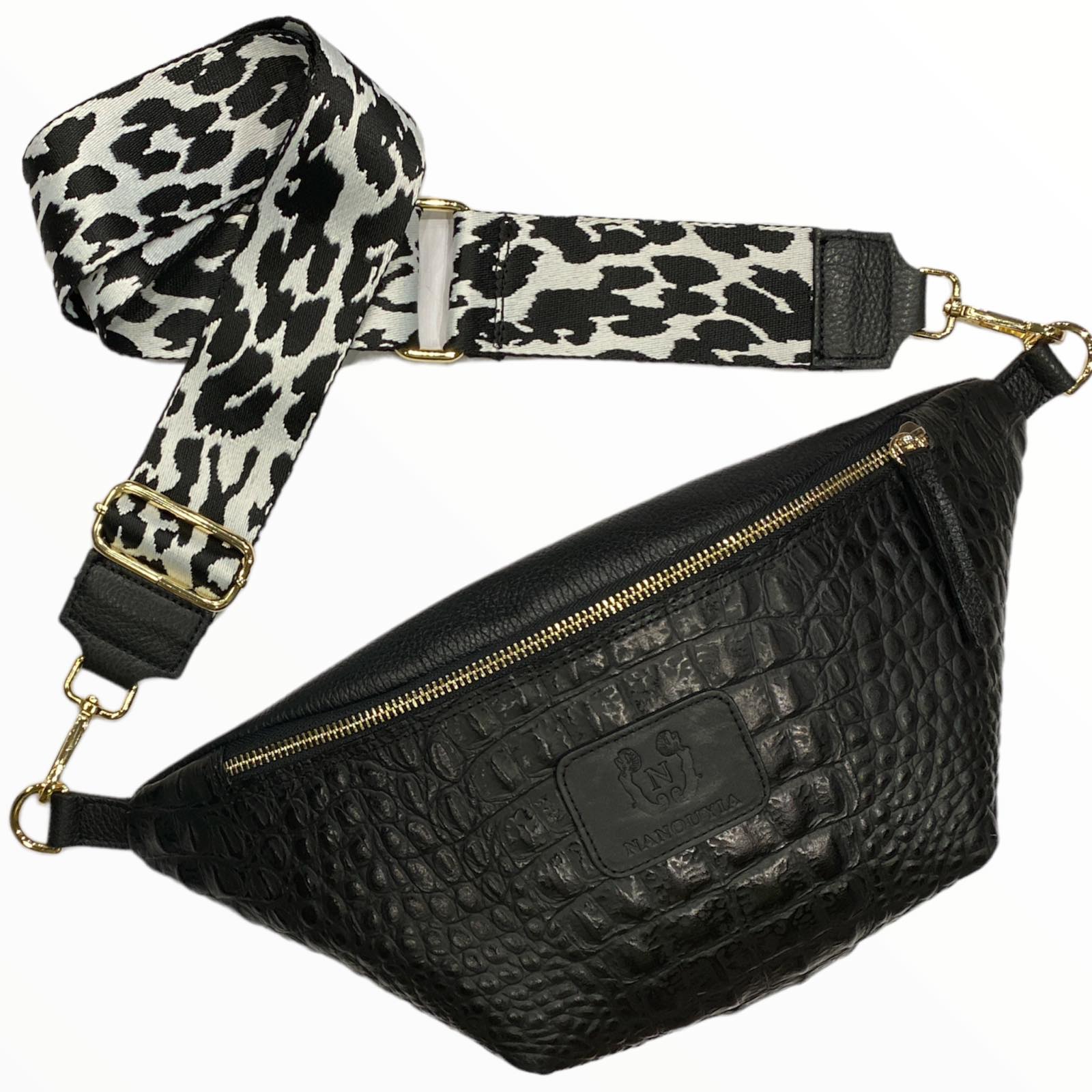 Black alligator-print leather belt bag with black-white strap