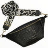 Black alligator-print leather belt bag with black-white strap