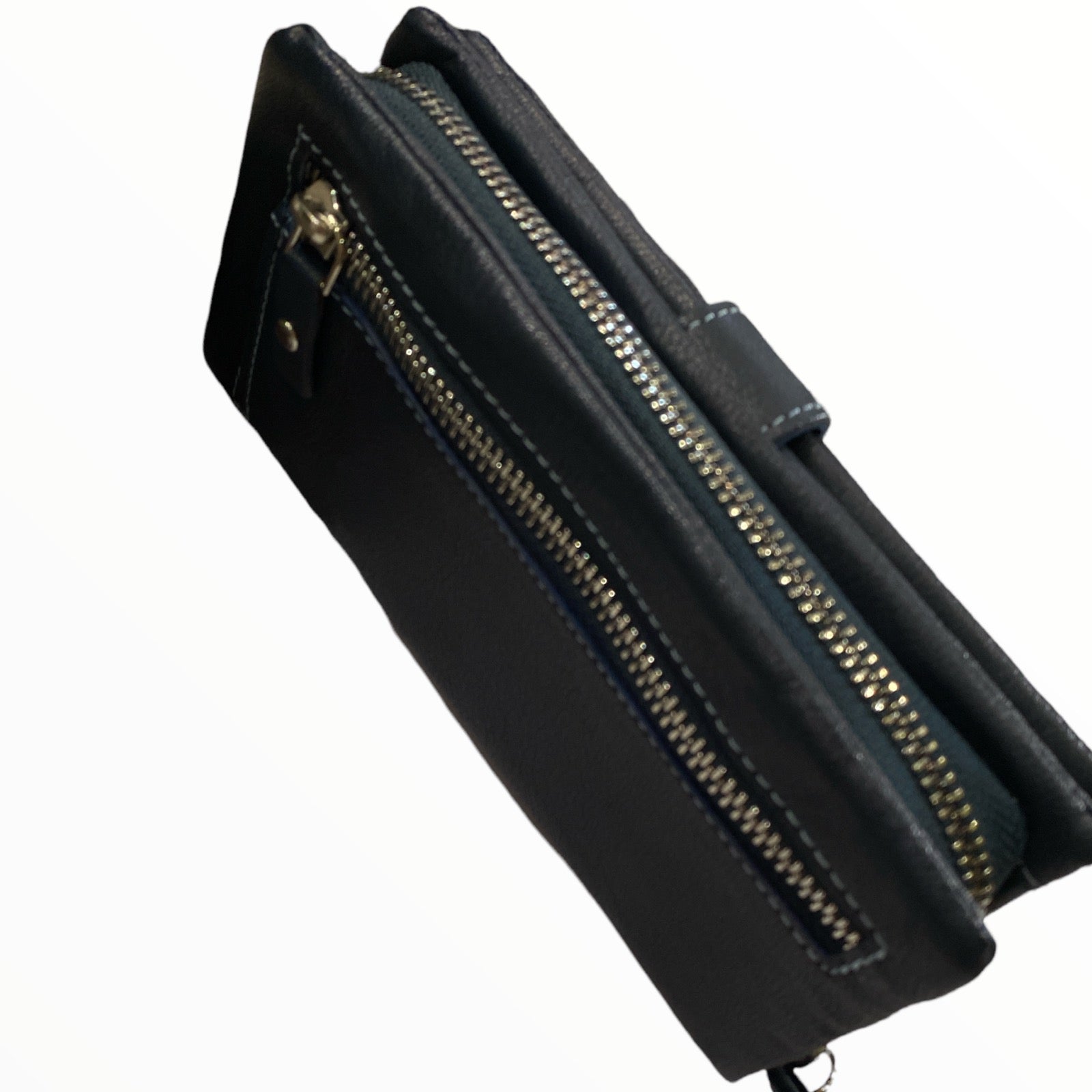 Navy blue zip around leather wallet