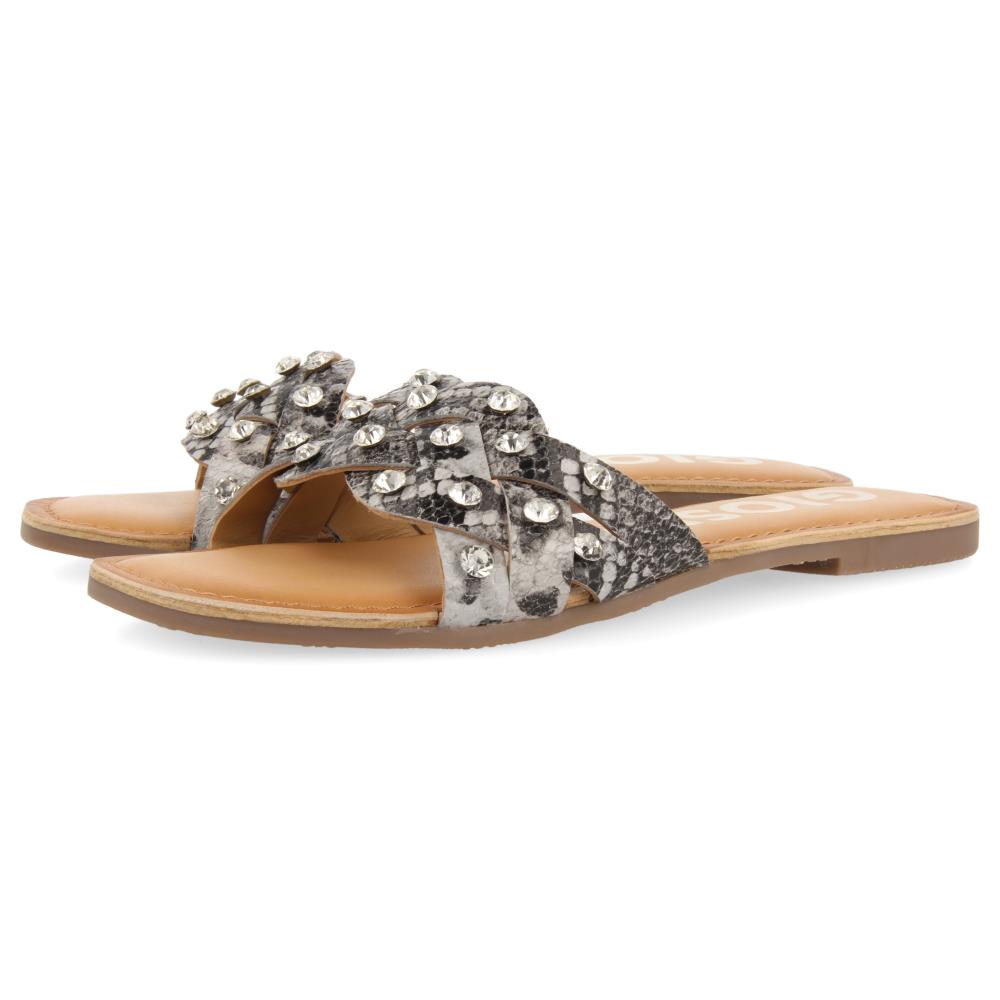 Black and white snake-print crystal sandals