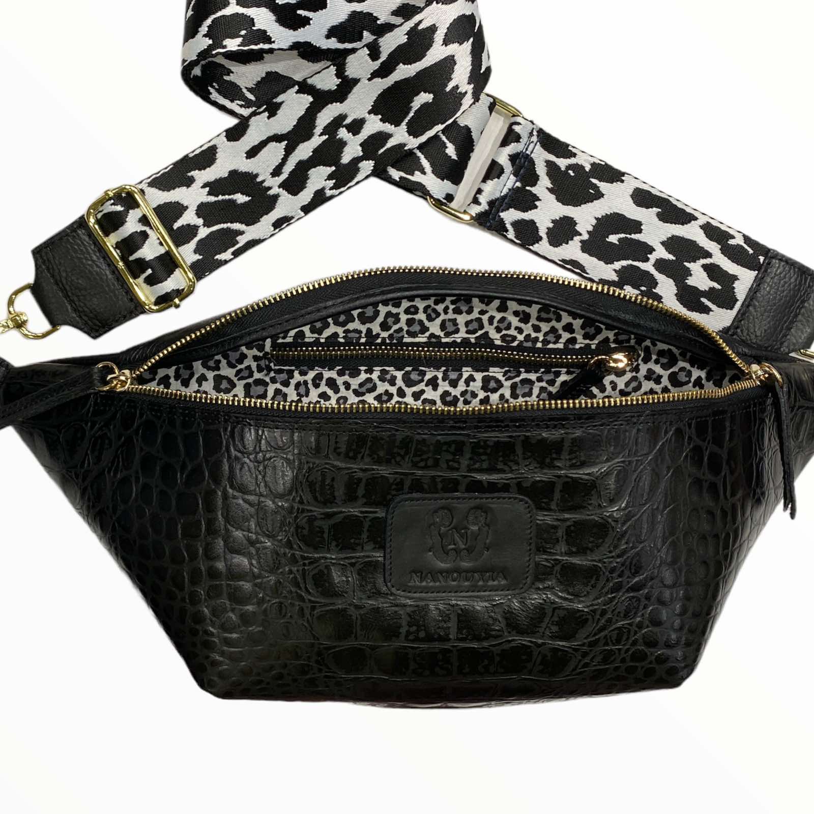 XL black alligator-print leather belt bag. Gold metals