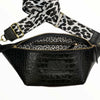 XL black alligator-print leather belt bag. Gold metals