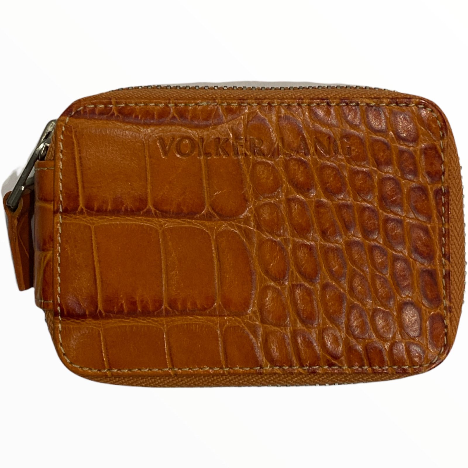 Leather zip around keychain in cognac croco