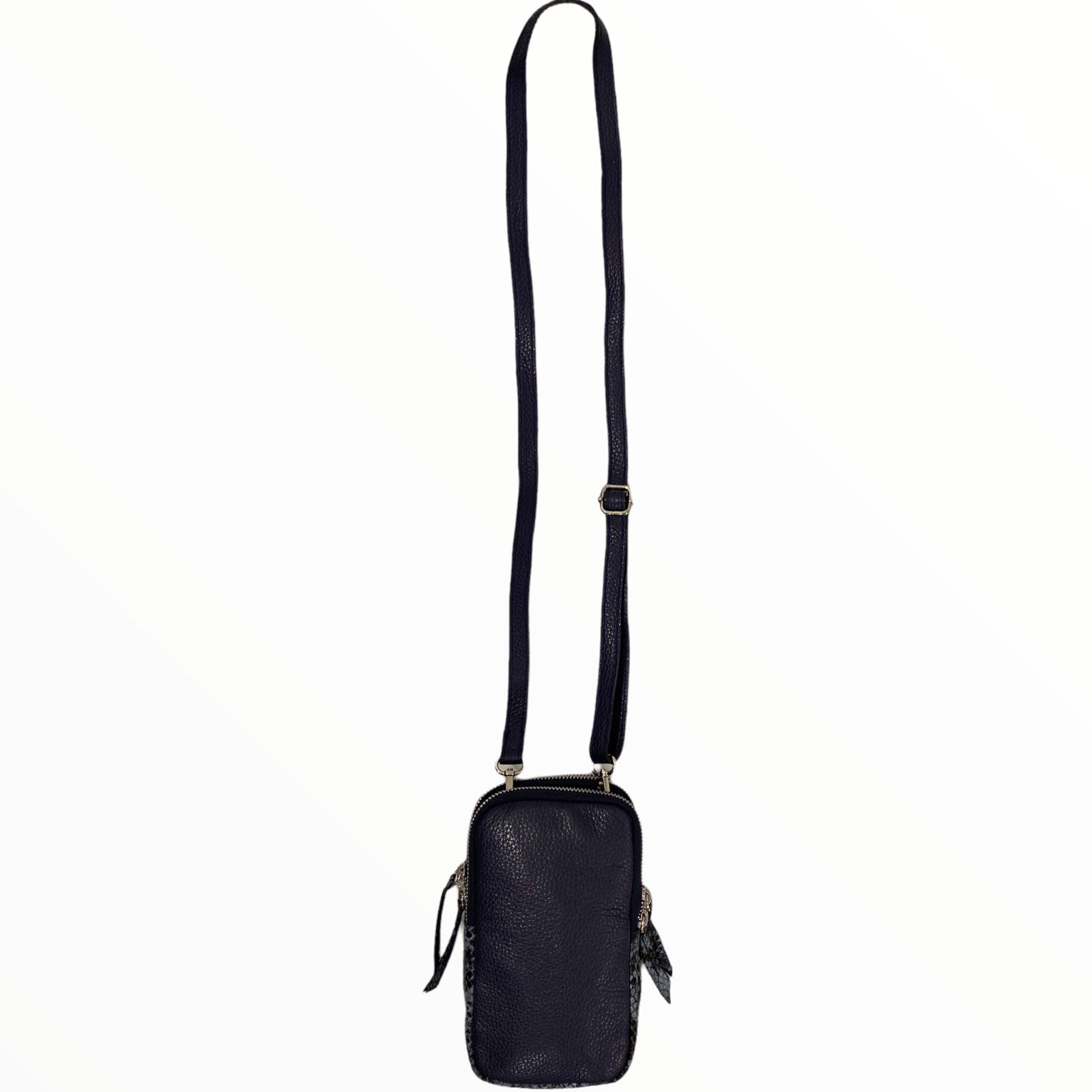 Dark blue leather double mobile case with snake-print details