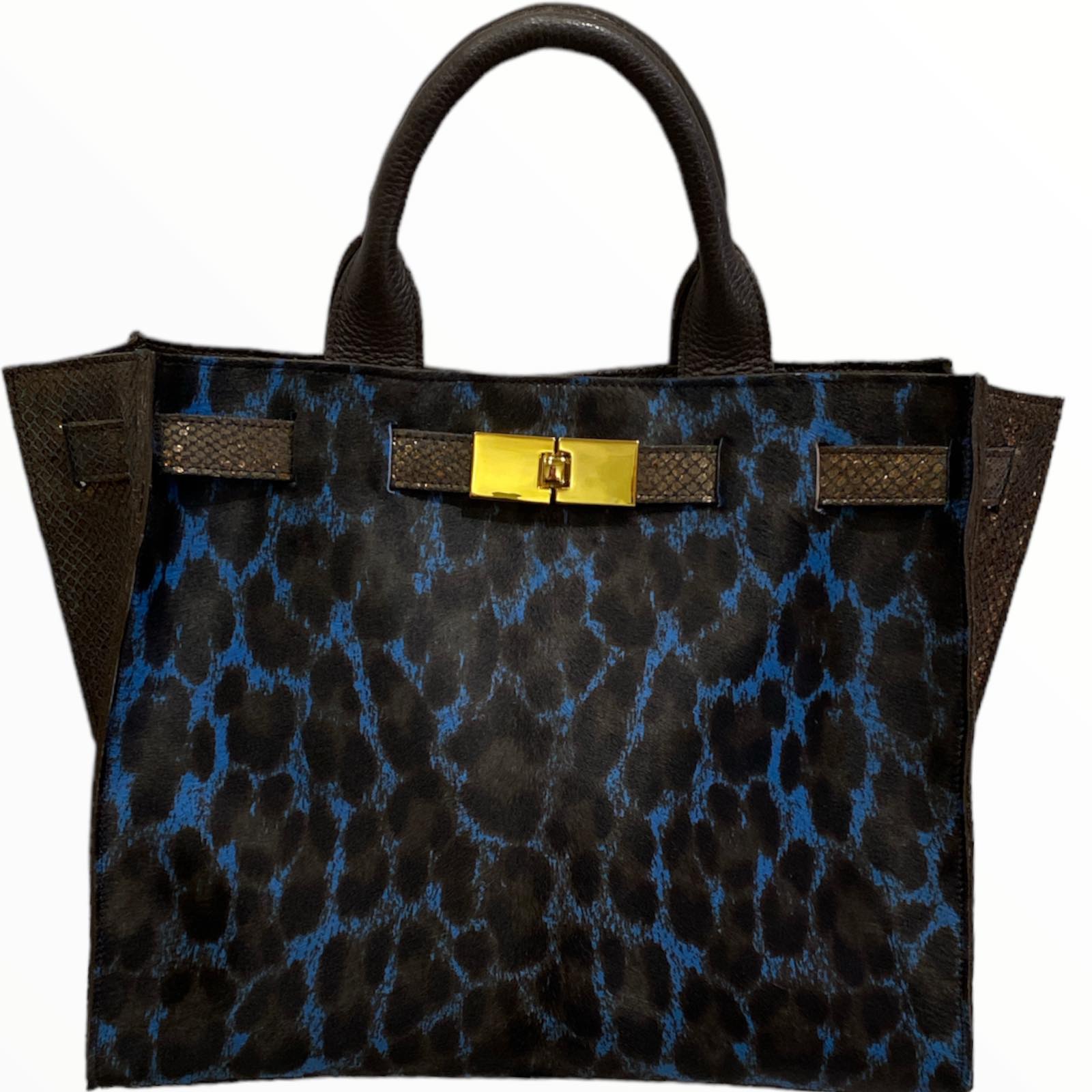 Greta M. Blue calf-hair and brown leather tote bag