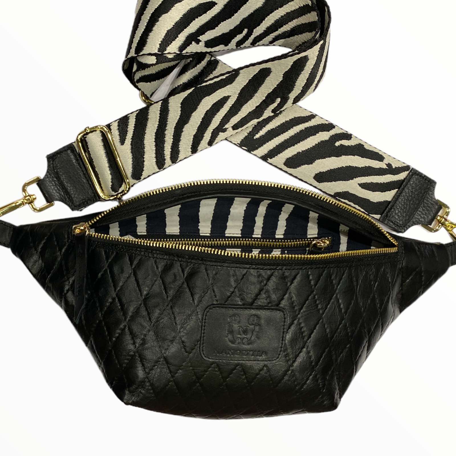 Black quilted leather belt bag with gold metals