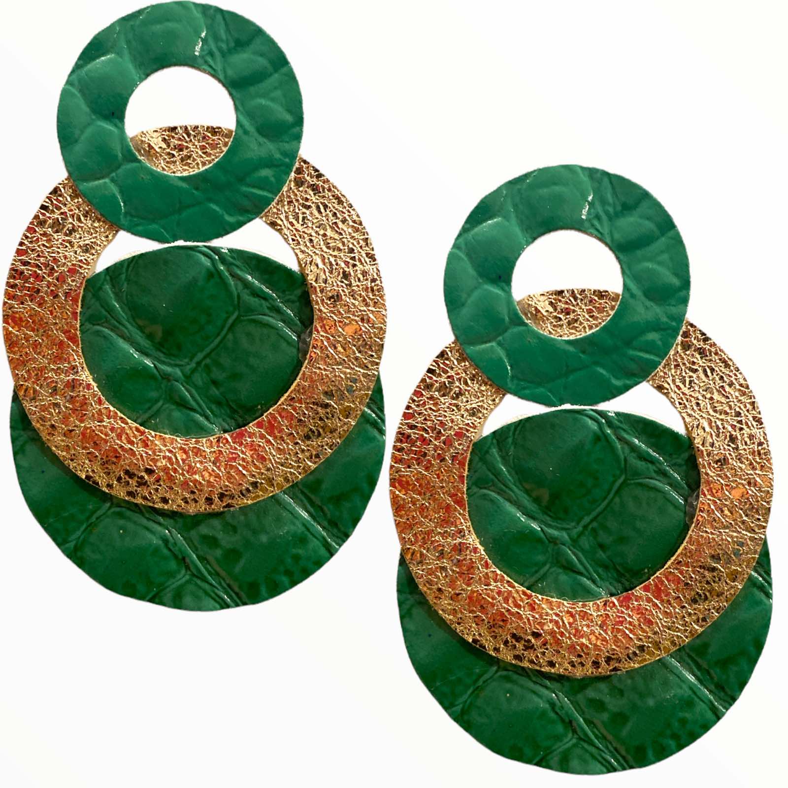 Green and gold leather earrings