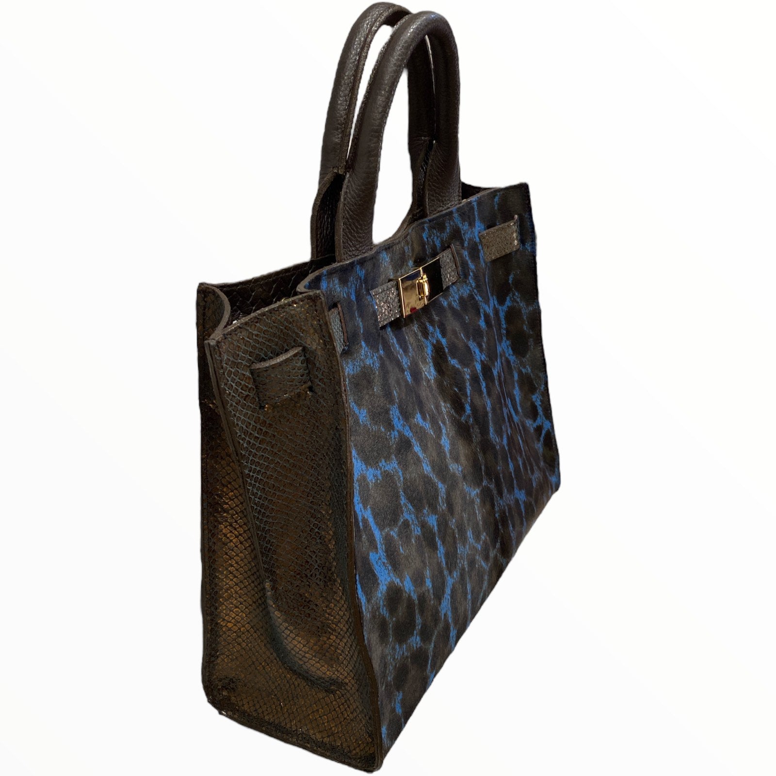 Greta M. Blue calf-hair and brown leather tote bag
