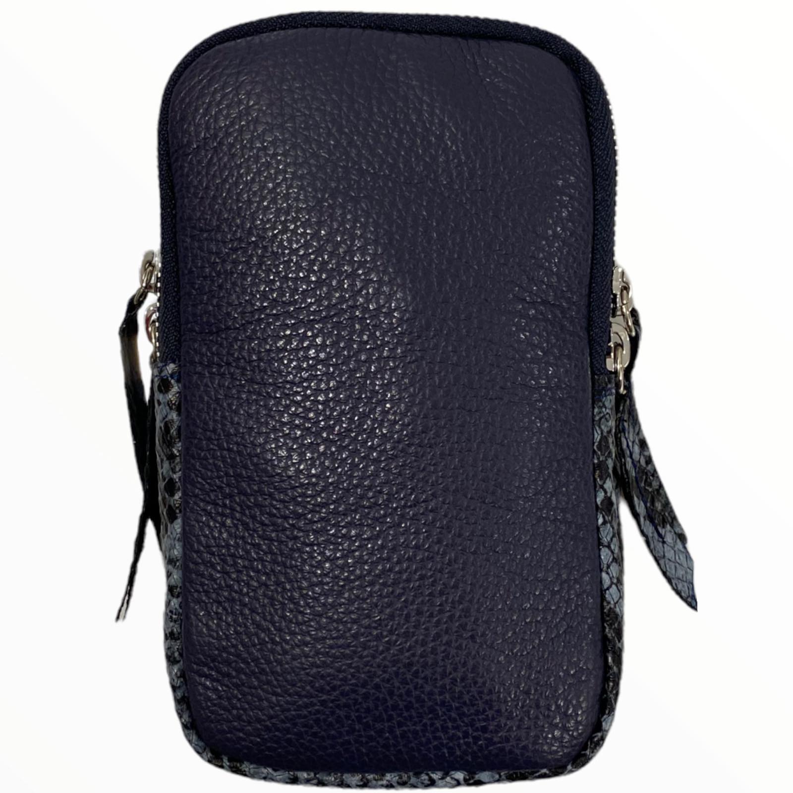 Dark blue leather double mobile case with snake-print details