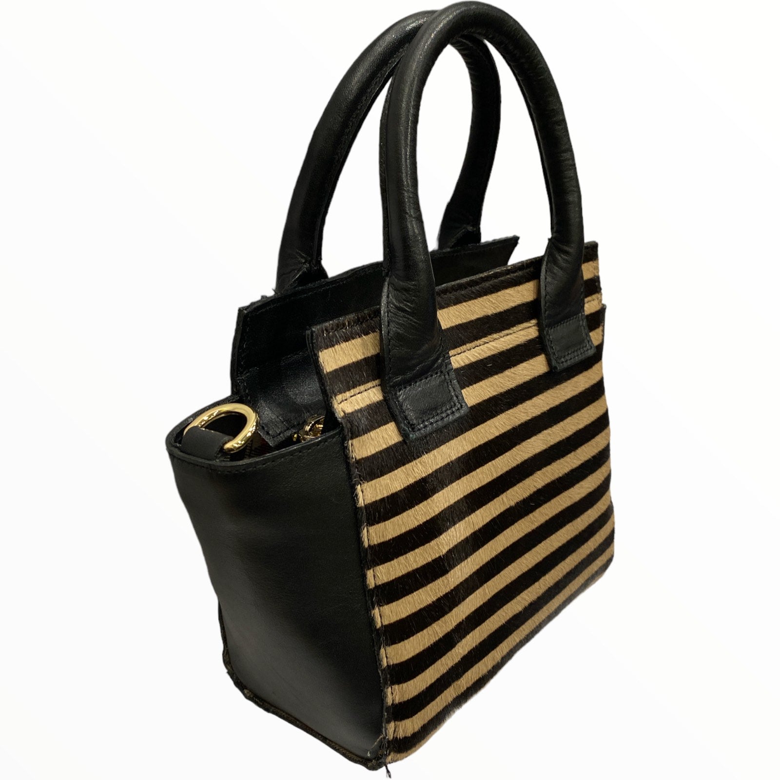Gina mini. Black and beige calf-hair leather tote bag