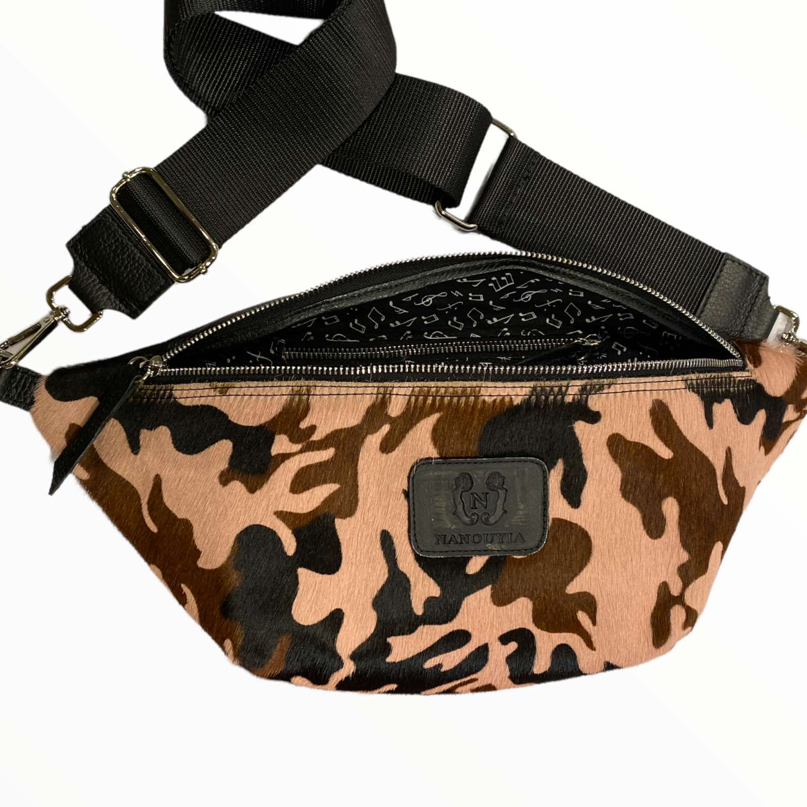 XL pink calf-hair leather belt bag with black strap