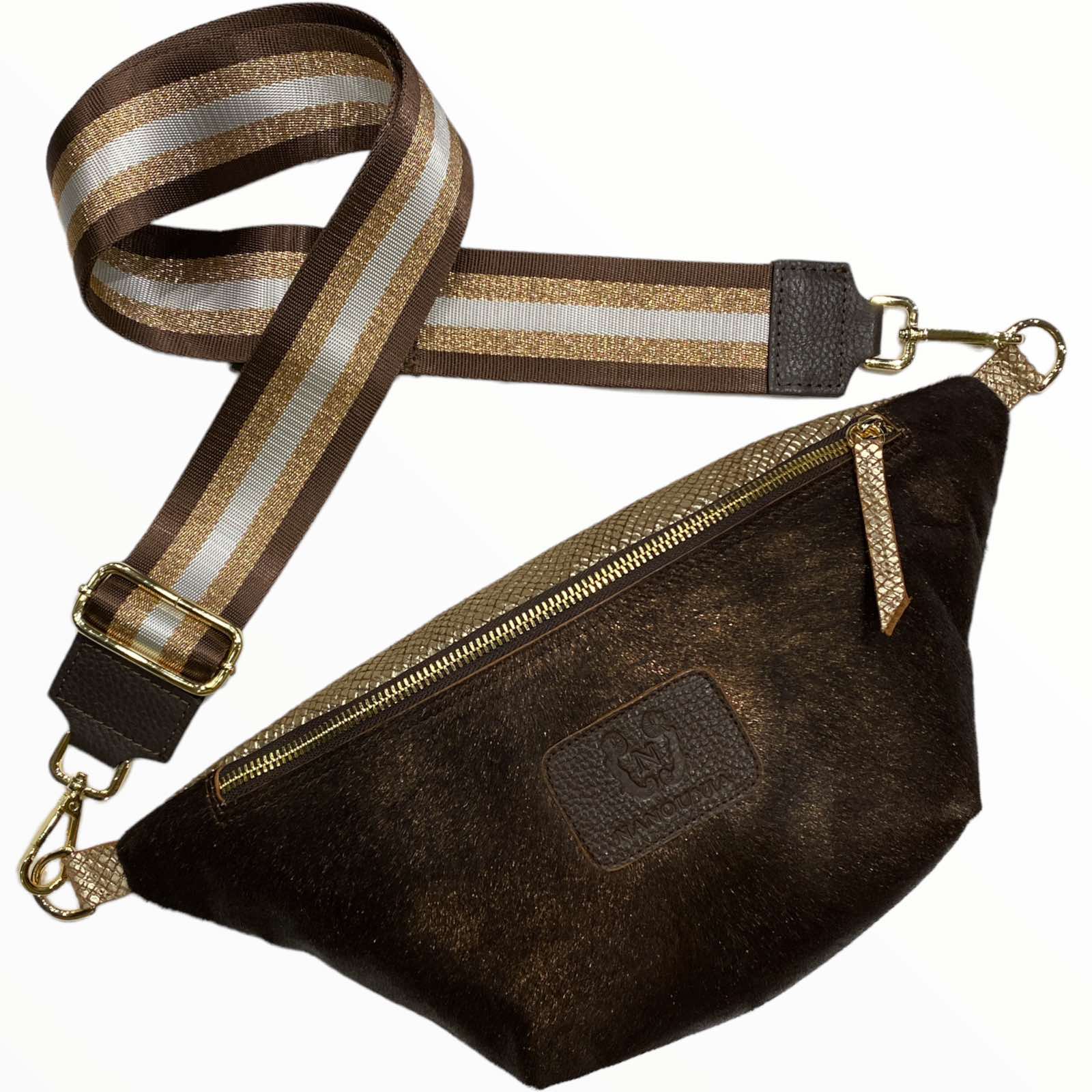 Brown calf-hair and gold leather belt bag