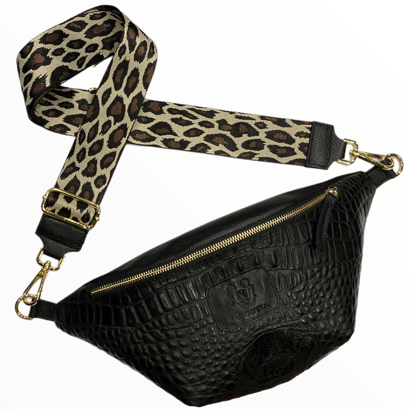 Black alligator-print leather belt bag with beige strap