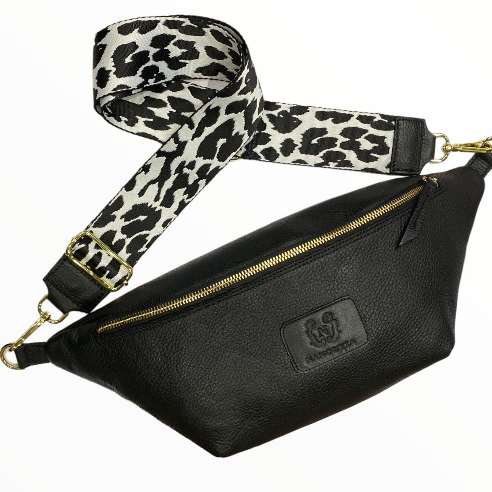 Xl black leather belt bag with white gold metals