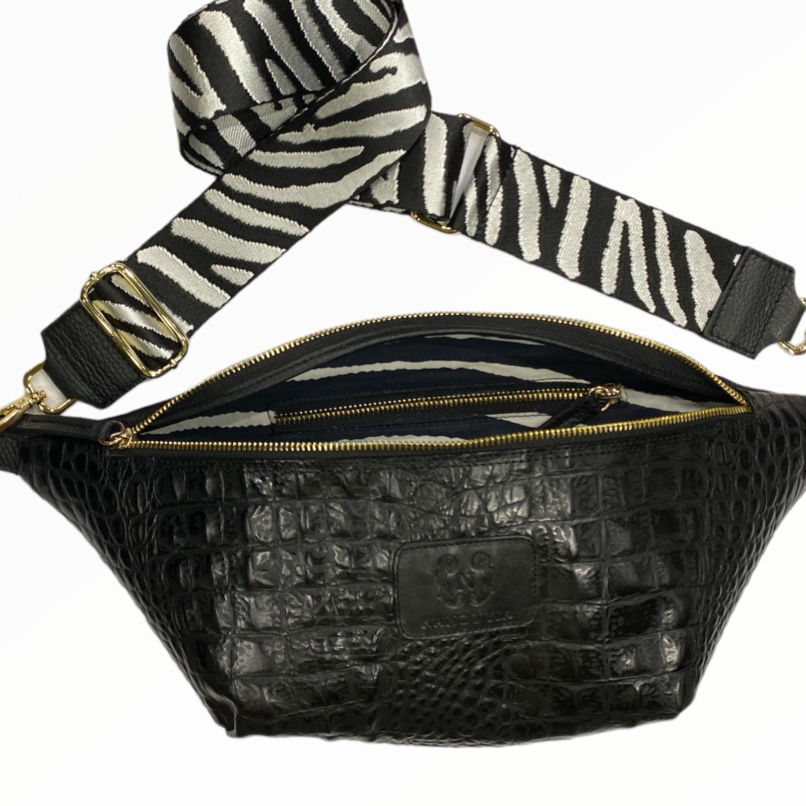 XL black alligator-print leather belt bag.Gold metals