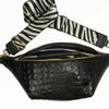 XL black alligator-print leather belt bag.Gold metals
