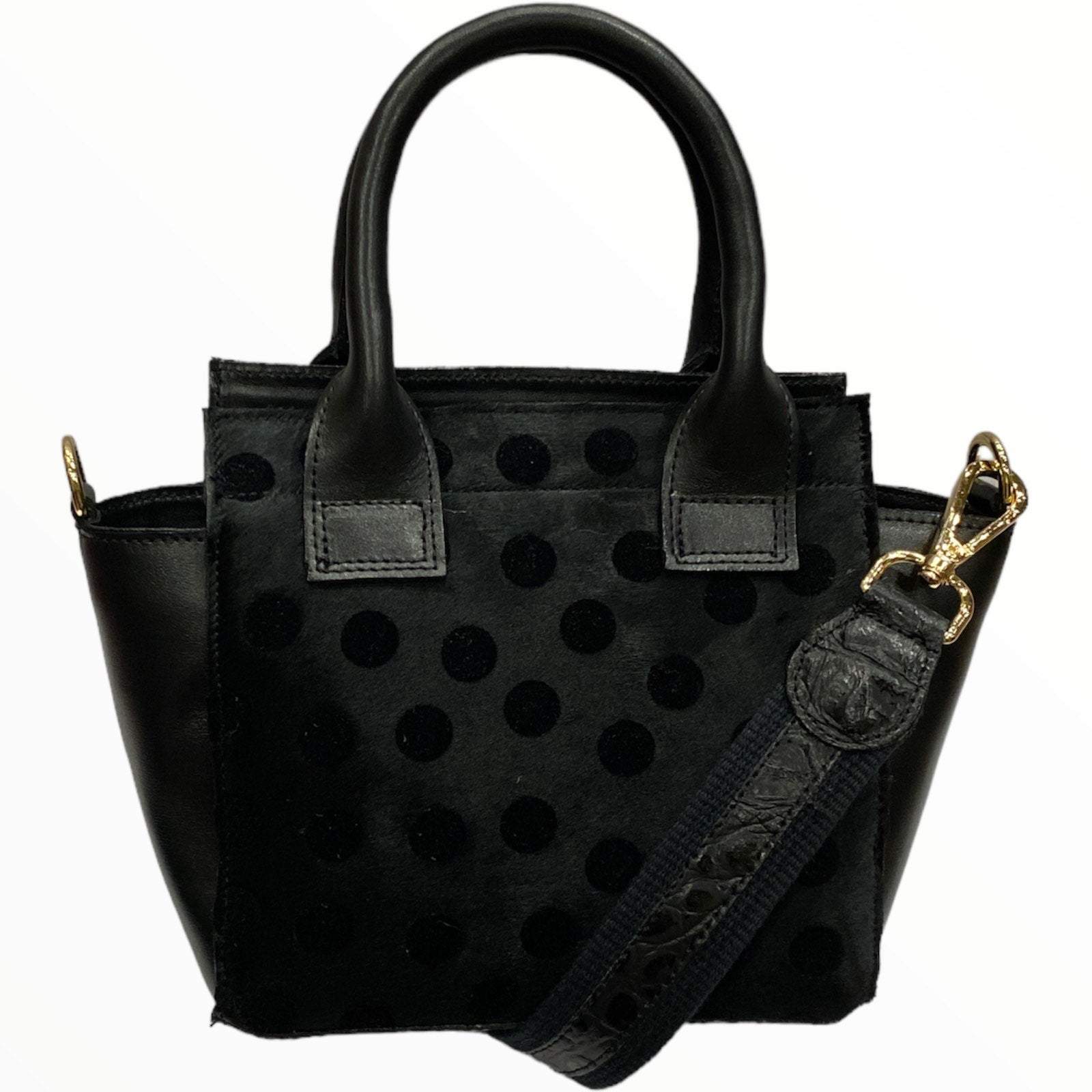 Gina mini. Black polka dots calf-hair leather tote bag