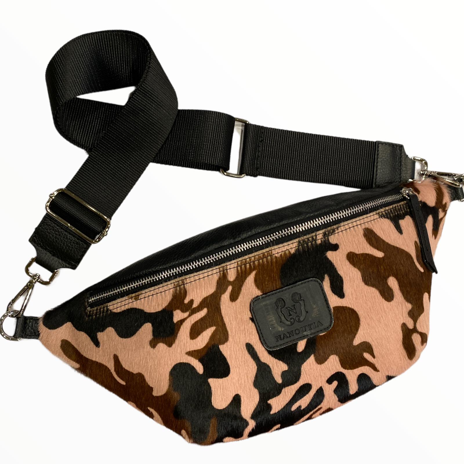 XL pink calf-hair leather belt bag with black strap