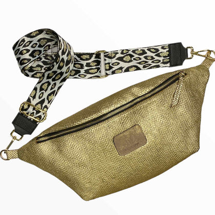 XXL gold leather belt bag with unique strap