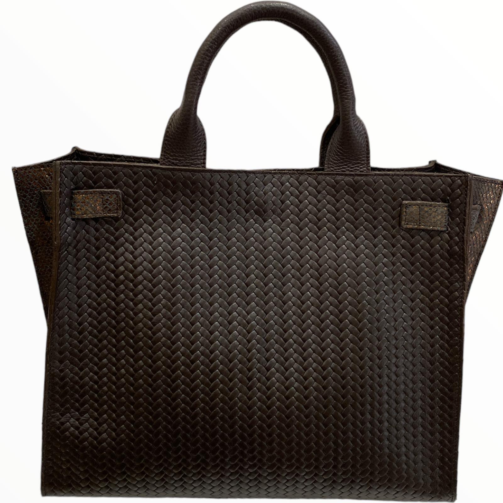 Greta M. Blue calf-hair and brown leather tote bag