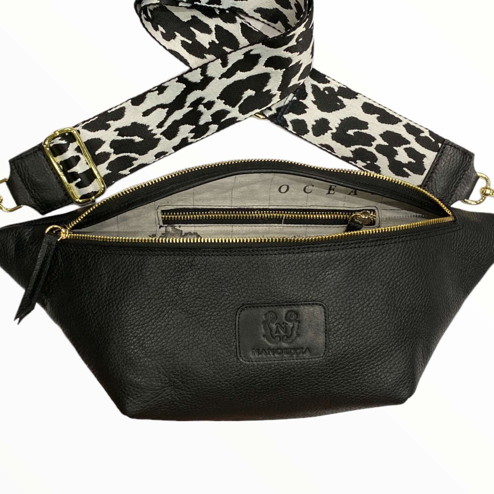 Xl black leather belt bag with white gold metals
