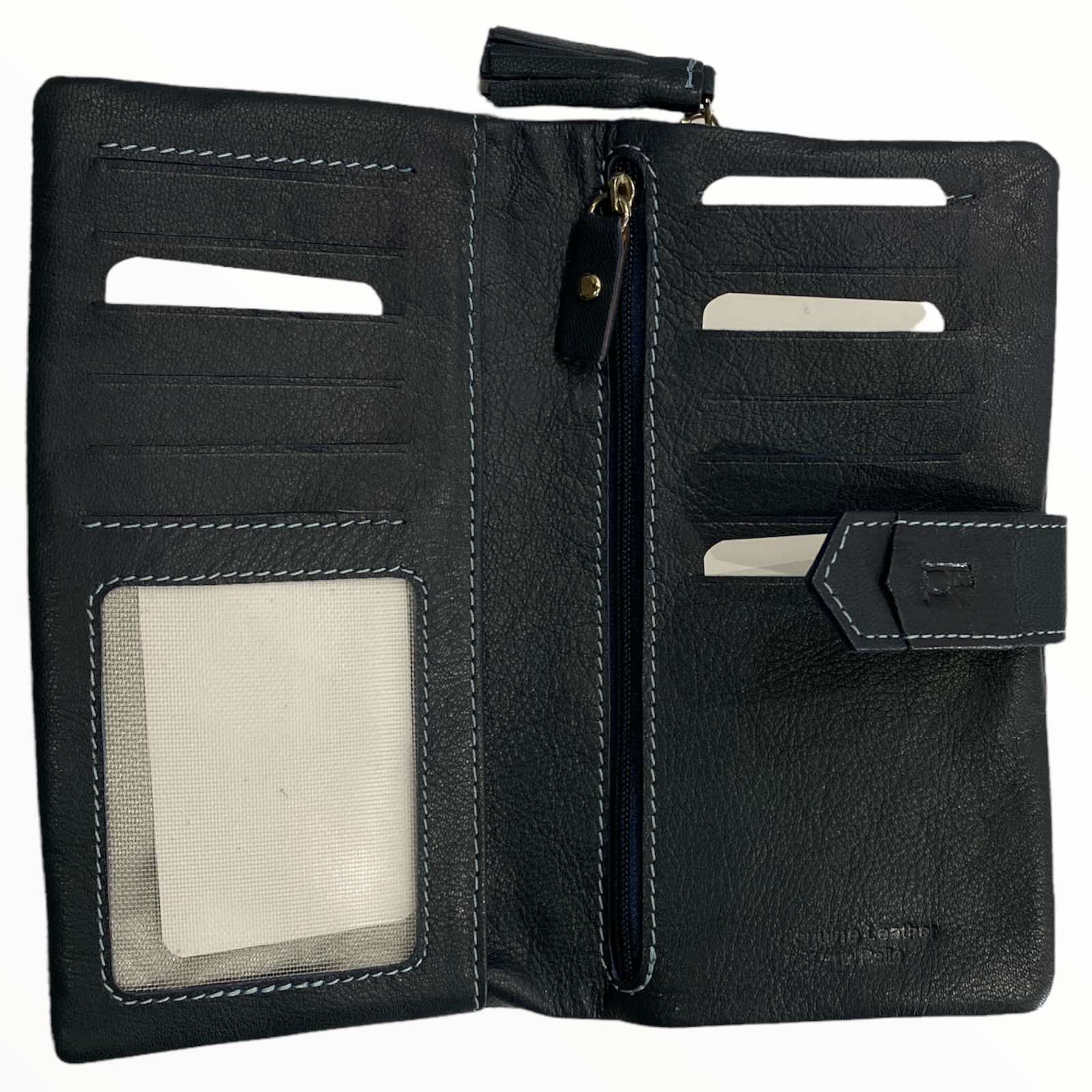 Navy blue zip around leather wallet