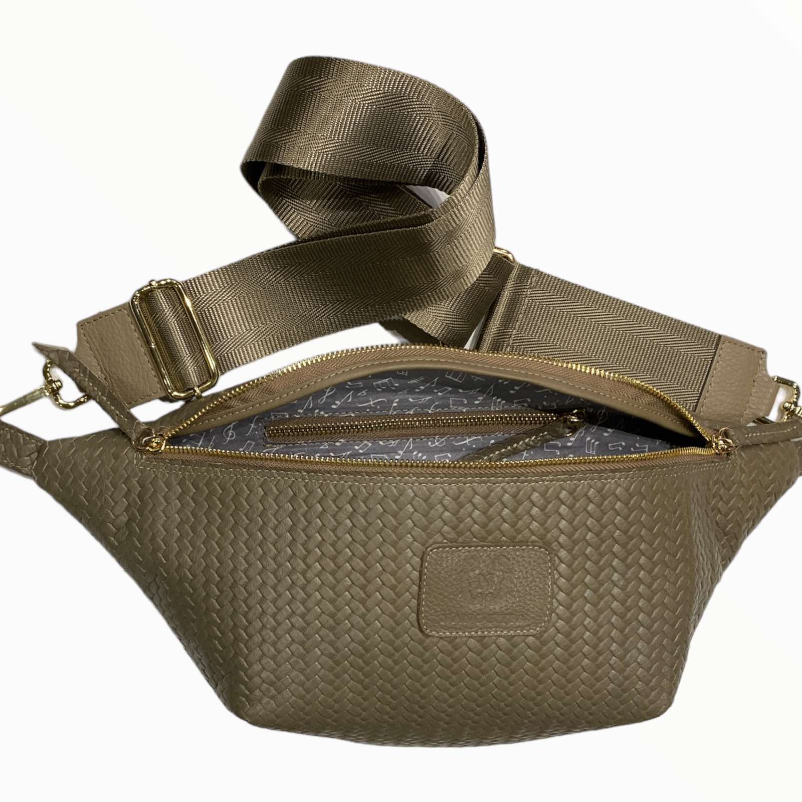 XL taupe woven-print leather belt bag