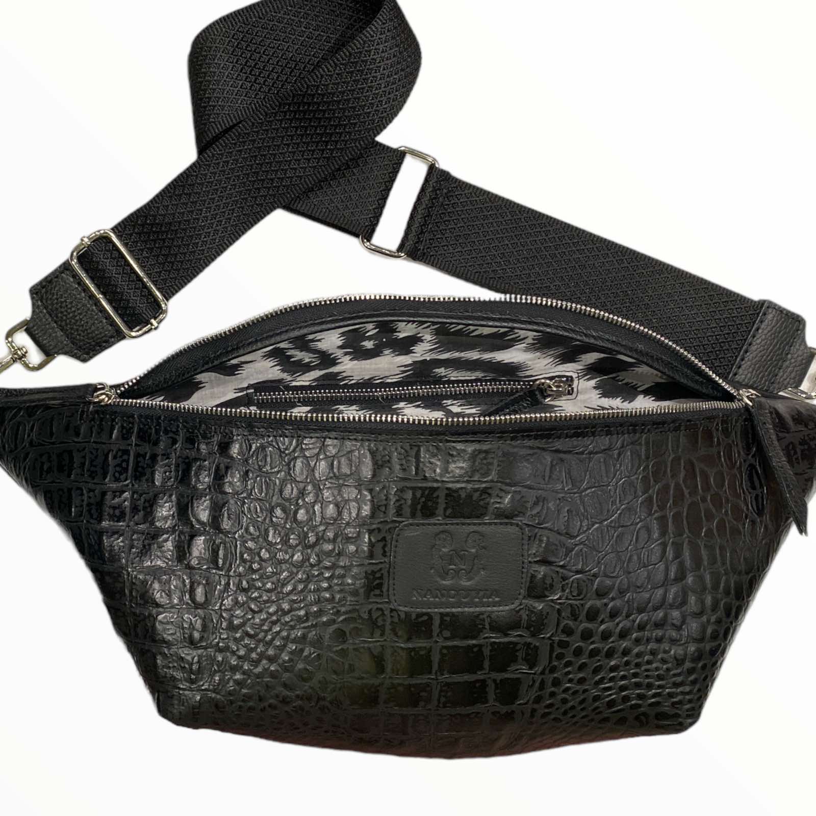 XXL black alligator-print leather belt bag