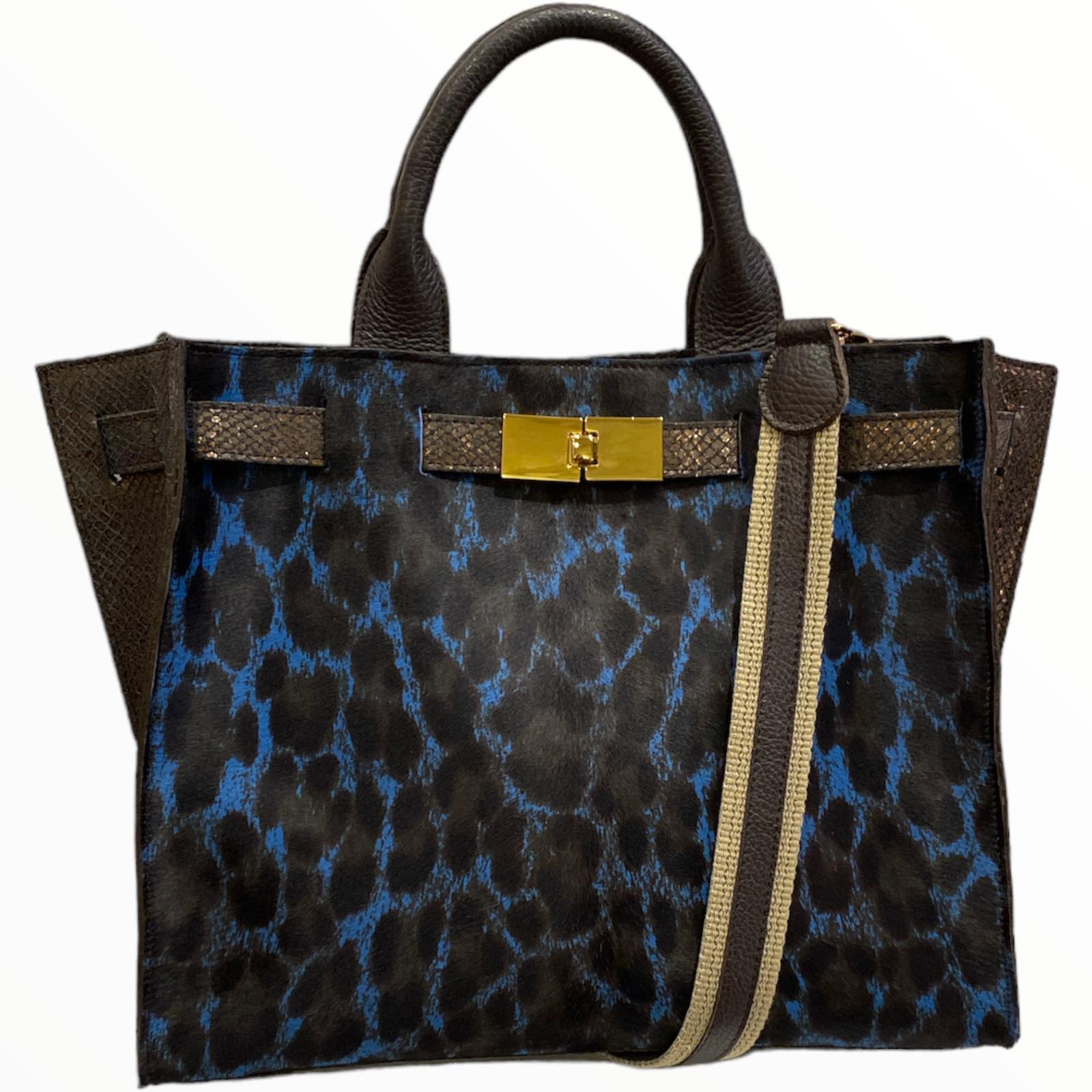 Greta M. Blue calf-hair and brown leather tote bag