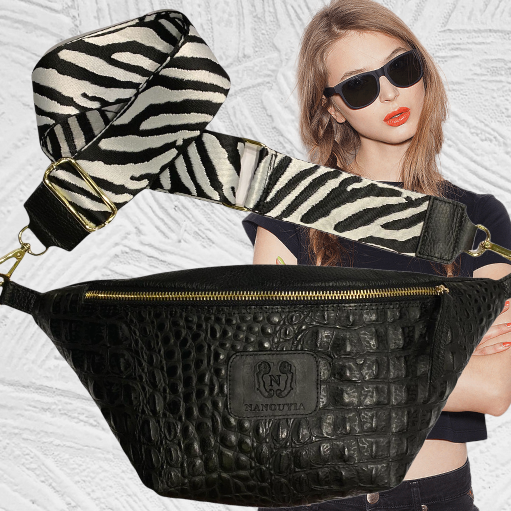 REGURAL. BLACK 3D LEATHER BELT BAG WITH ZEBRA STRAP