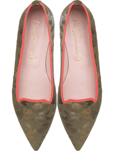 Ella camouflage oil green ballerinas with strong orange details