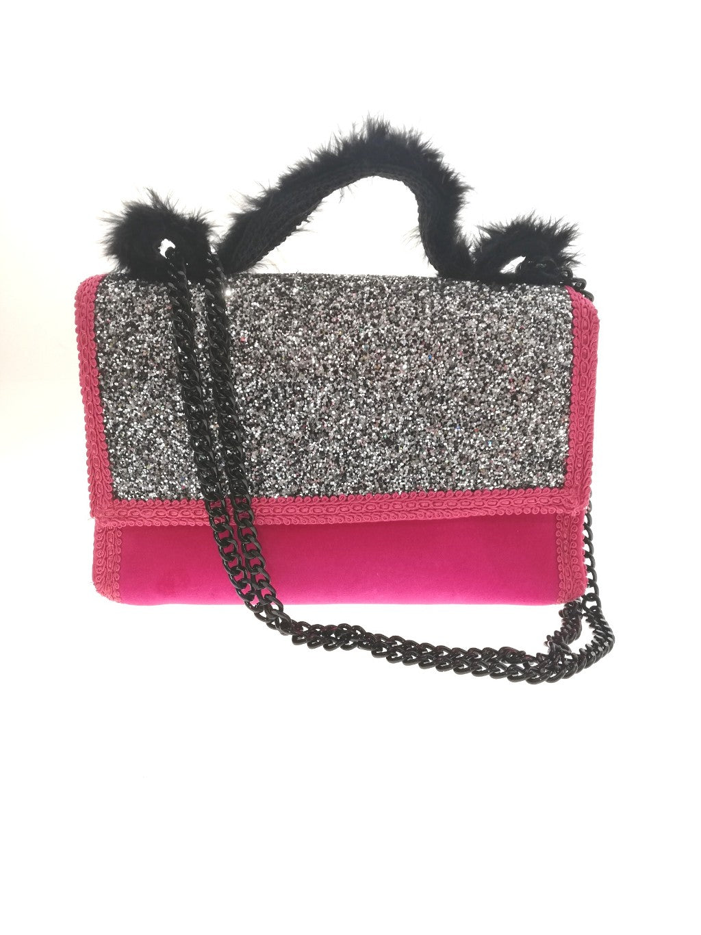 Luxury fuschia textile glitter bag with velvet details