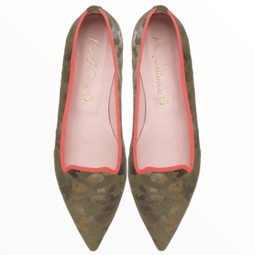 Ella camouflage oil green ballerinas with strong orange details